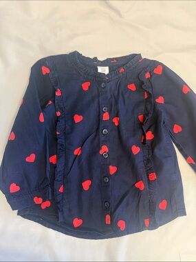 GAP Navy Blue Button-Front Top with Red Heart Print and Ruffle Trim